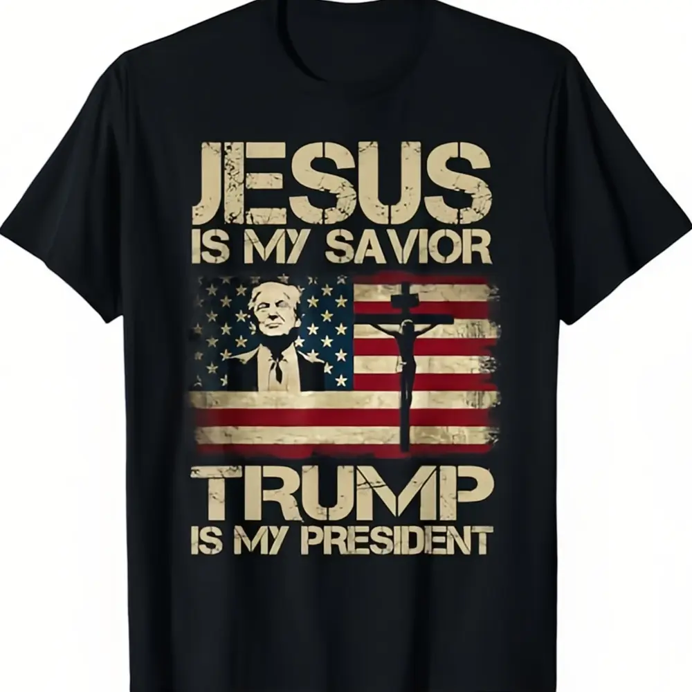Jesus is My Savior, Trump is My President, Trump 2024 USA Flag T-Shirt, printed in the USA Campaign Tee Classic