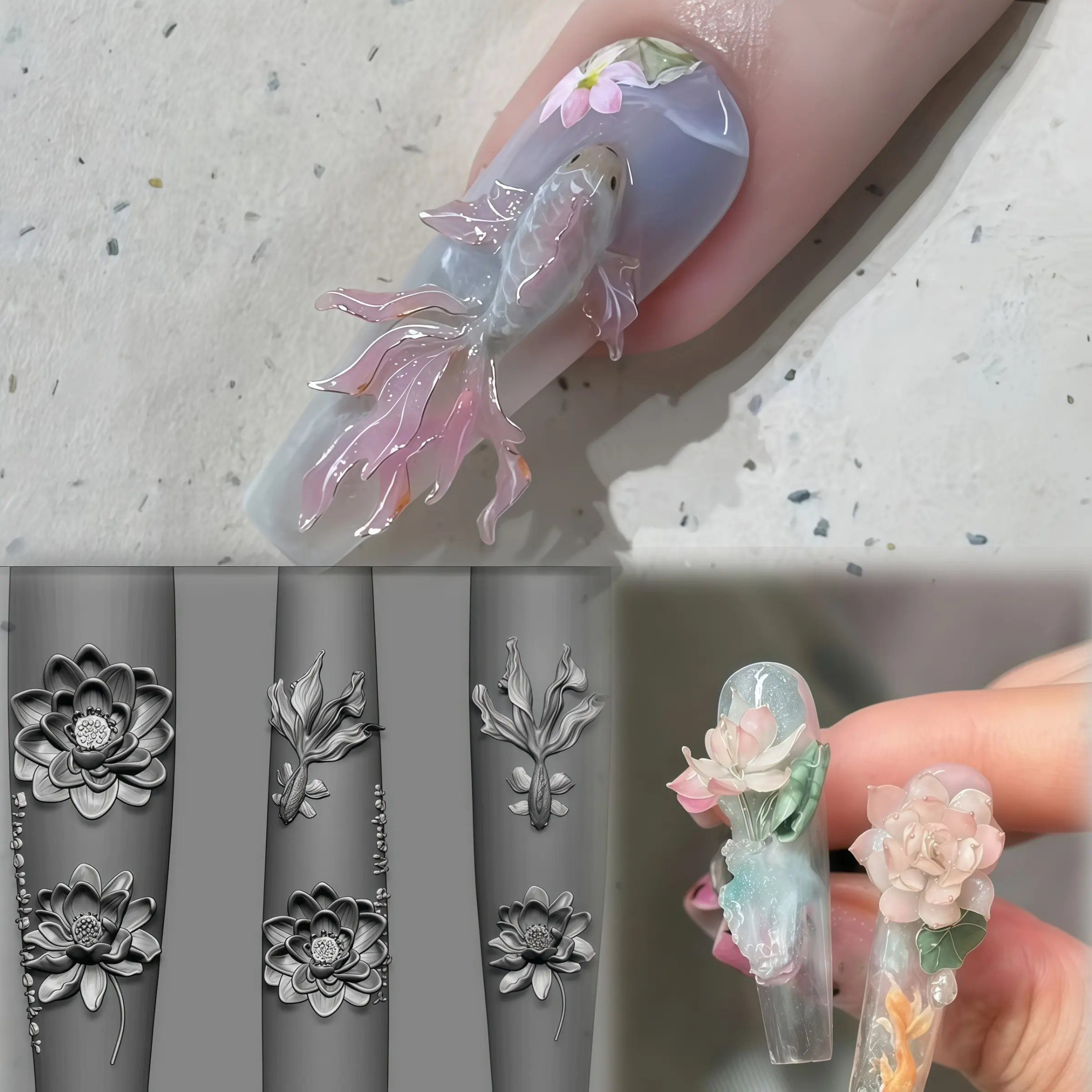 Artistic Nail Mold, Lotus Koi Goldfish Leaf 3D Floral Design, Transparent Clear Silicone Mold, Essential Tool for Nail Artists, Nail Art Supplies