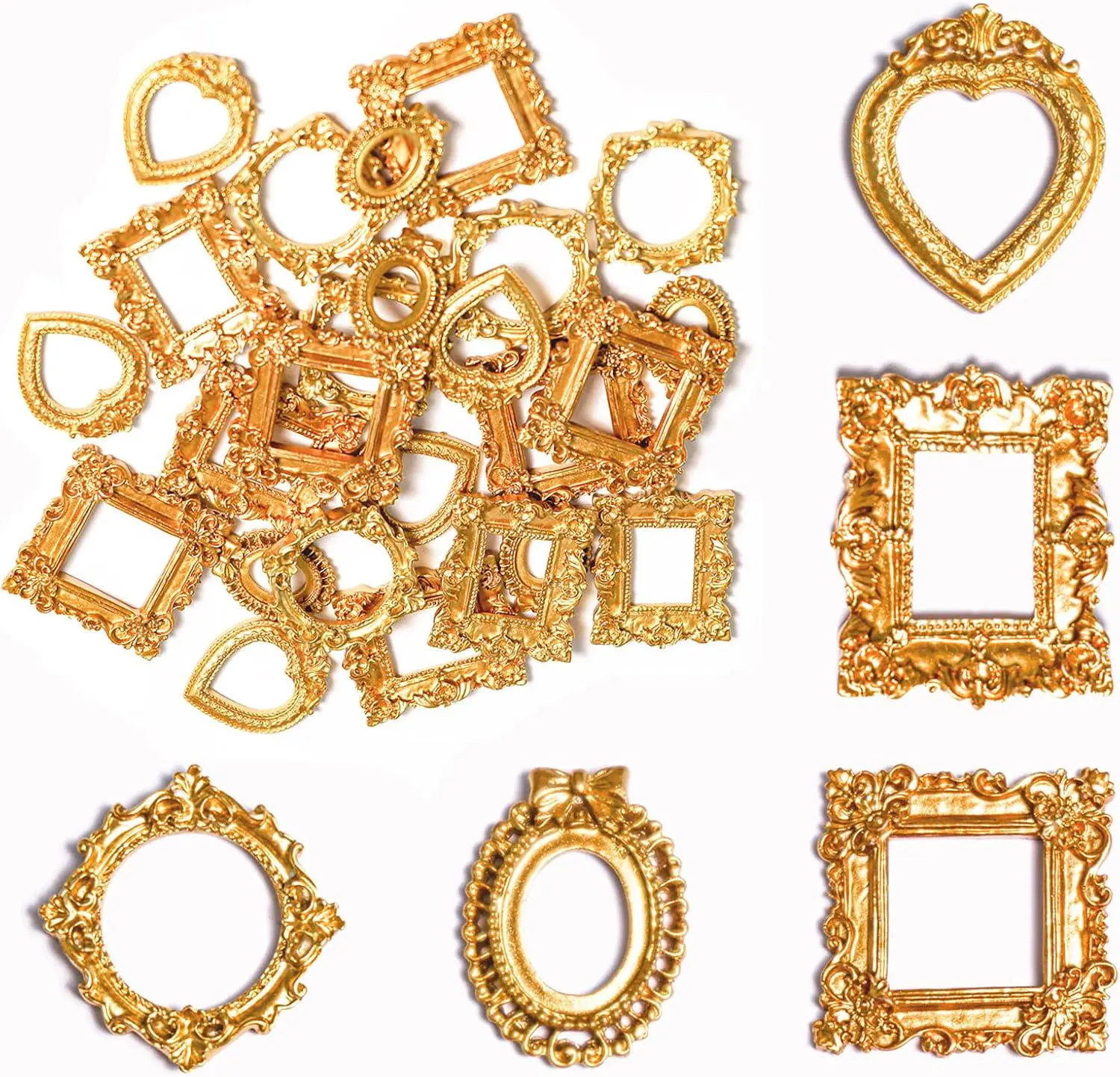 25 Pcs Mini Picture Frames, Vintage Baroque Resin Accents with Floral Carving, Lightweight Trinket Props for DIY Gift & Jewelry Display, Gold
