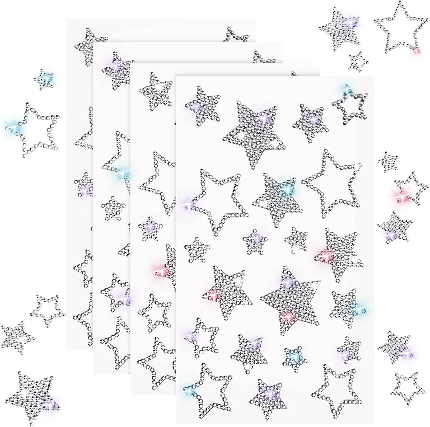 Epakh 84 Pcs/4 Sheets Acrylic Multi-Size Silver Glitter Rhinestone Star Stickers - Self-Adhesive Crafting Sticker Deco for Headphone, Car, Window, Laptop Decoration, Smooth Edge