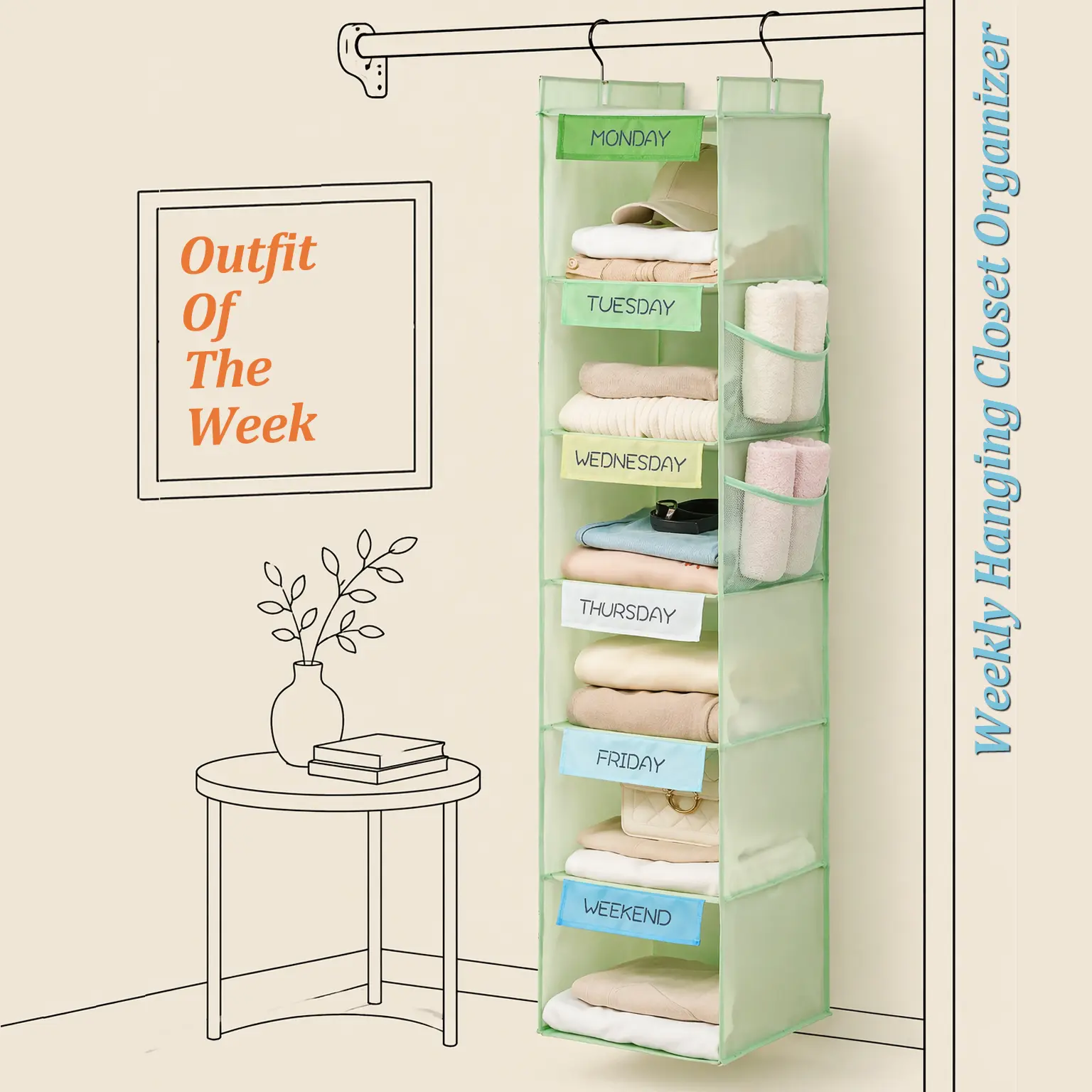 6Shelf Hanging Closet Storage Organizer with 2 Side Pockets, College Dorm Must Have Space Saver, Wardrobe Hanging Closet Organizer, Small Room Organization Product, Back to School Essential, Dorm Closet Storage, Mint Green