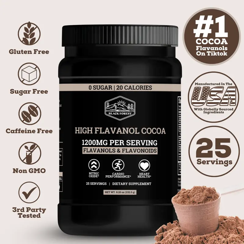 Black Forest Supplements Cocoa Flavanols & Flavonoids | High Flavanol Cocoa Powder – 1200mg per Serving, 600mg Epicatechin – Supports Circulation, Energy, & Heart Health, Dark Chocolate Beverage Healthy, High Flavanol Dark Chocolate Supplement