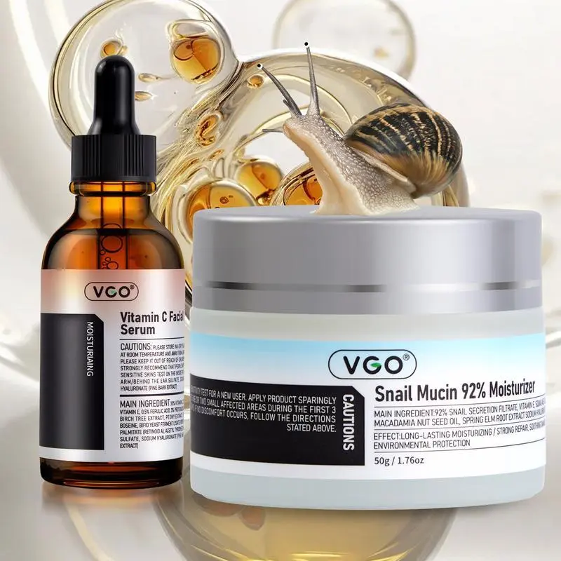 VGO Snail Mucin 92% Facial Essence & Cream Skin Care Set - 30ml Essence, 50ml Moisturizer, Hydrate & Repair, Vitamin C-Rich, Antioxidant Protection, For All Skin Types, Ideal for Morning Routine, Skin Care Sets