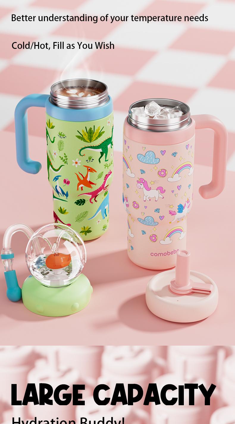 【COMOBEBE】24oz Stainless Steel Whale Fountain Tumbler with Handle – Two Lids, Spill-Proof, Dishwasher Safe, Cute & Perfect for Teens, and Adults Water Bottles Sturdy Drinkware Flasks