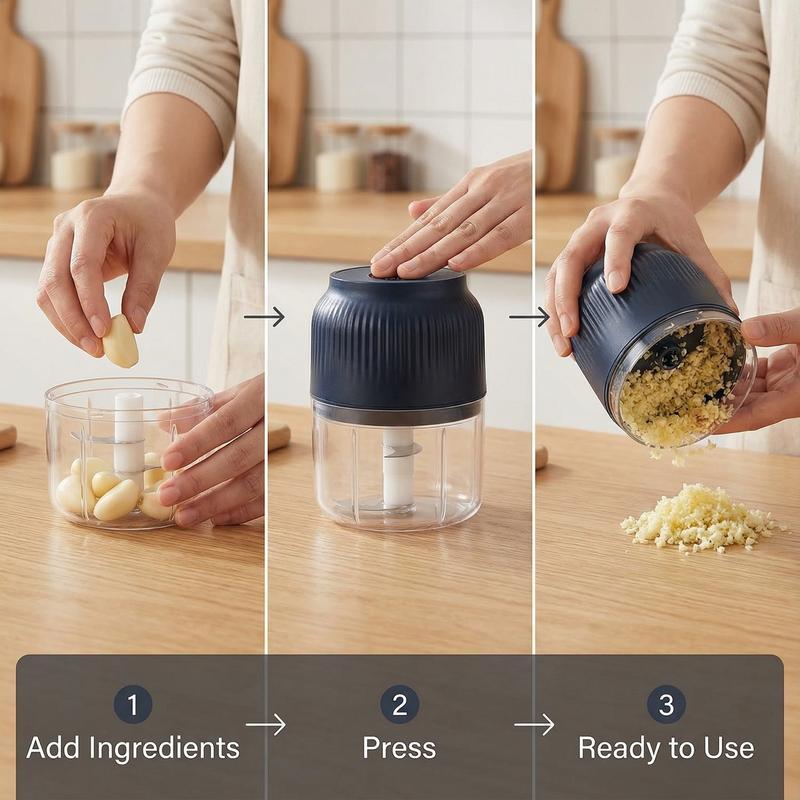 Electric Garlic Chopper,  4 Sharp Blades，Portable Veggie Chopper, 300ML Garlic Grinder Masher Onion Chopper, Blender to Vegetable, Cordless Food Processor for Ginger, Chili, Fruit, Meat, Spices, Beans, etc