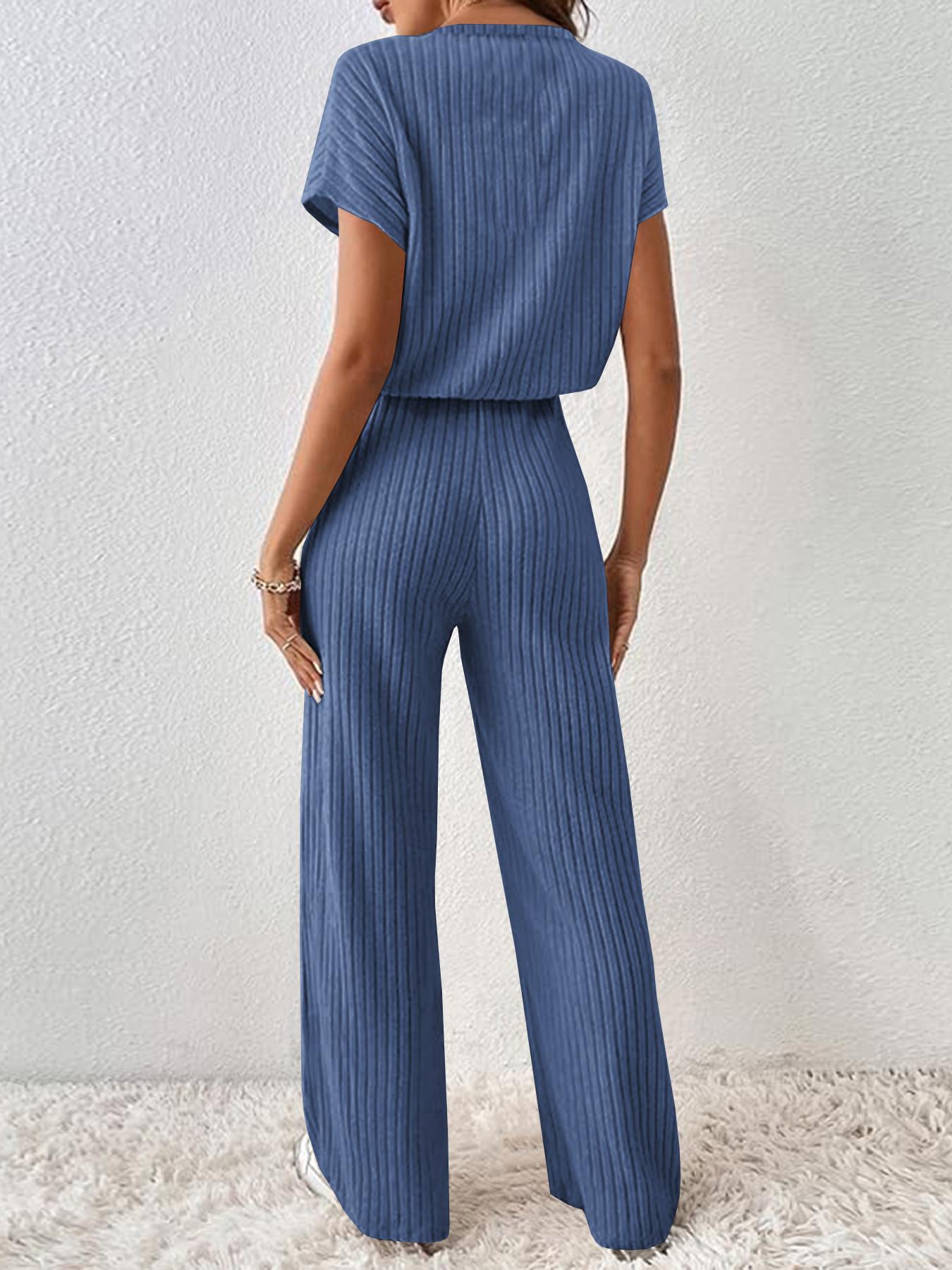 Women's Solid Shortsleeve Crewneck Ribbed Top & Wide Leg Pants Minimalist Casual Fitted Fashion Cozy Top & Trousers for Daily Outdoor Wear Ladies Clothes for Summer Womenswear Yoga Clothes Set Black Batwing Suits Suits