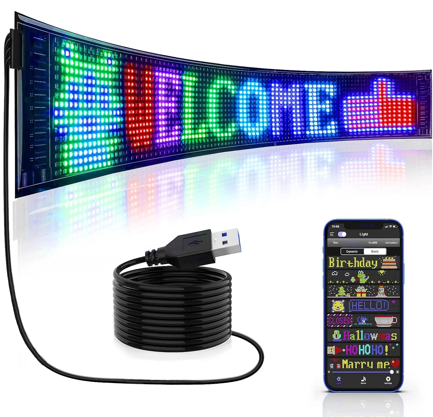 Programmable Flexible LED Light Sign - 5V App-Controlled Middle-Size Scrolling Advertising Board with Custom Text, Patterns, Animations, Decorative/Car Lighting, 3 Sizes for Store/Bar Events, Programmable Display