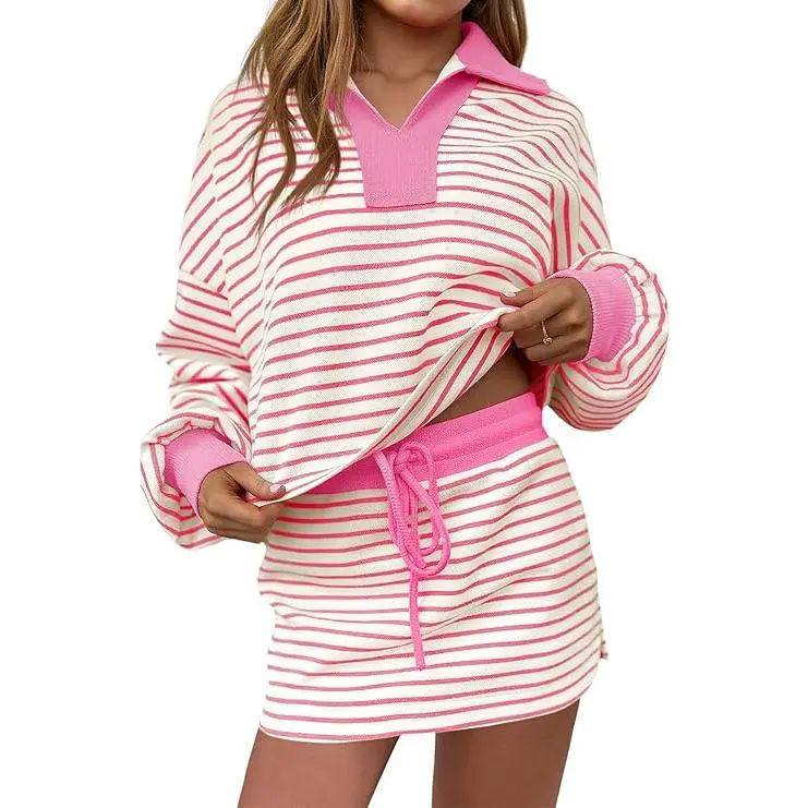 Casual striped sports suit, women's two-piece set, casual long-sleeved striped top and shorts matching set, elegant and stylish