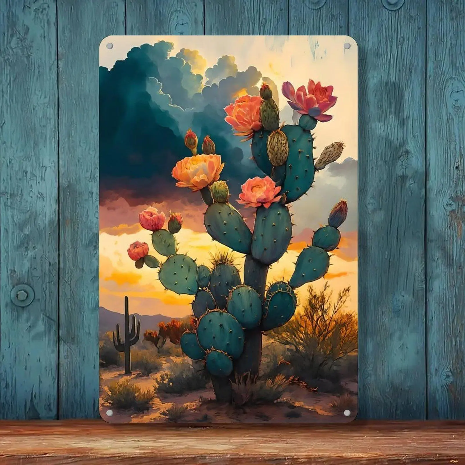 Desert Prickly Pear Cactus Blooming Sunset Watercolor Southwest Vintage Tin Sign 8x12in Western Farmhouse Wall Art Metal Tin Sign