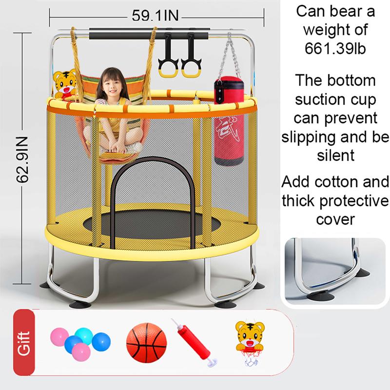 60" Trampoline for Kids, Indoor/Outdoor Mini Baby with Safety Enclosure Net, Adjustable Toddler with Basketball Hoop, Gifts for Boys & Girls