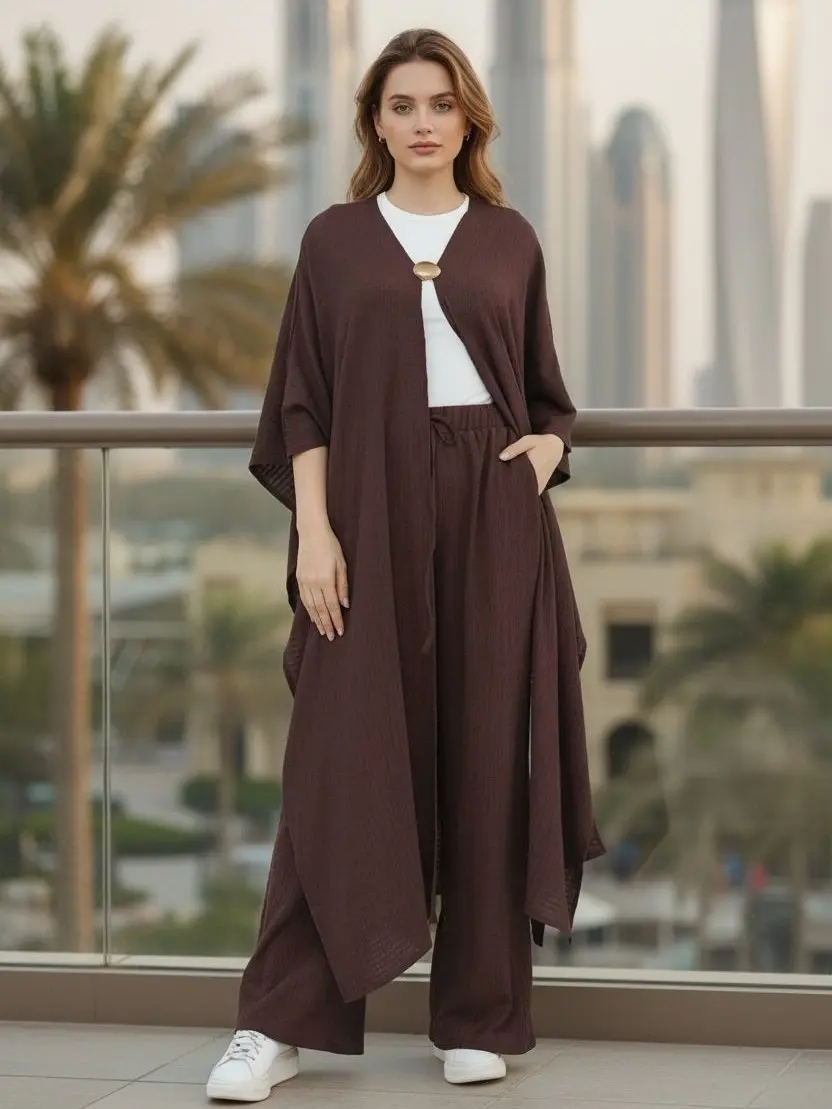 Women's Modest Islamic 2-Piece Bubble Wrinkle Fabric Clothes Set - Long Sleeves Loose Kimono Cardigan, Wide Leg Pants with Brooch Closure, Elastic Waistband, Crinkle-Soft, Breathable, Lightweight Abaya for Everyday Chic Style