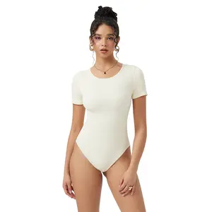 OYV Bodysuits Sexy Ribbed One Piece Short Sleeve Round Neck Tops Bodysuits