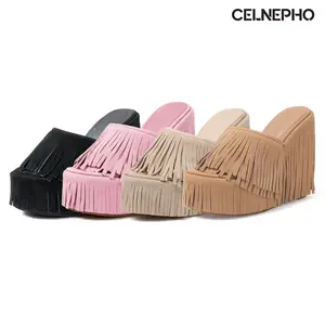 CELNEPHO Heeled Sandals For Women Open Toe Wedge Heel Suede Fringe Sandal High Heels Slip On Sandals Wedding Party Prom Date Casual Wear Dress Shoes