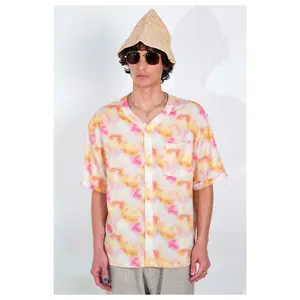 Valenzuela Baseball Collar Red Dream Pop Print Short Sleeve Shirt