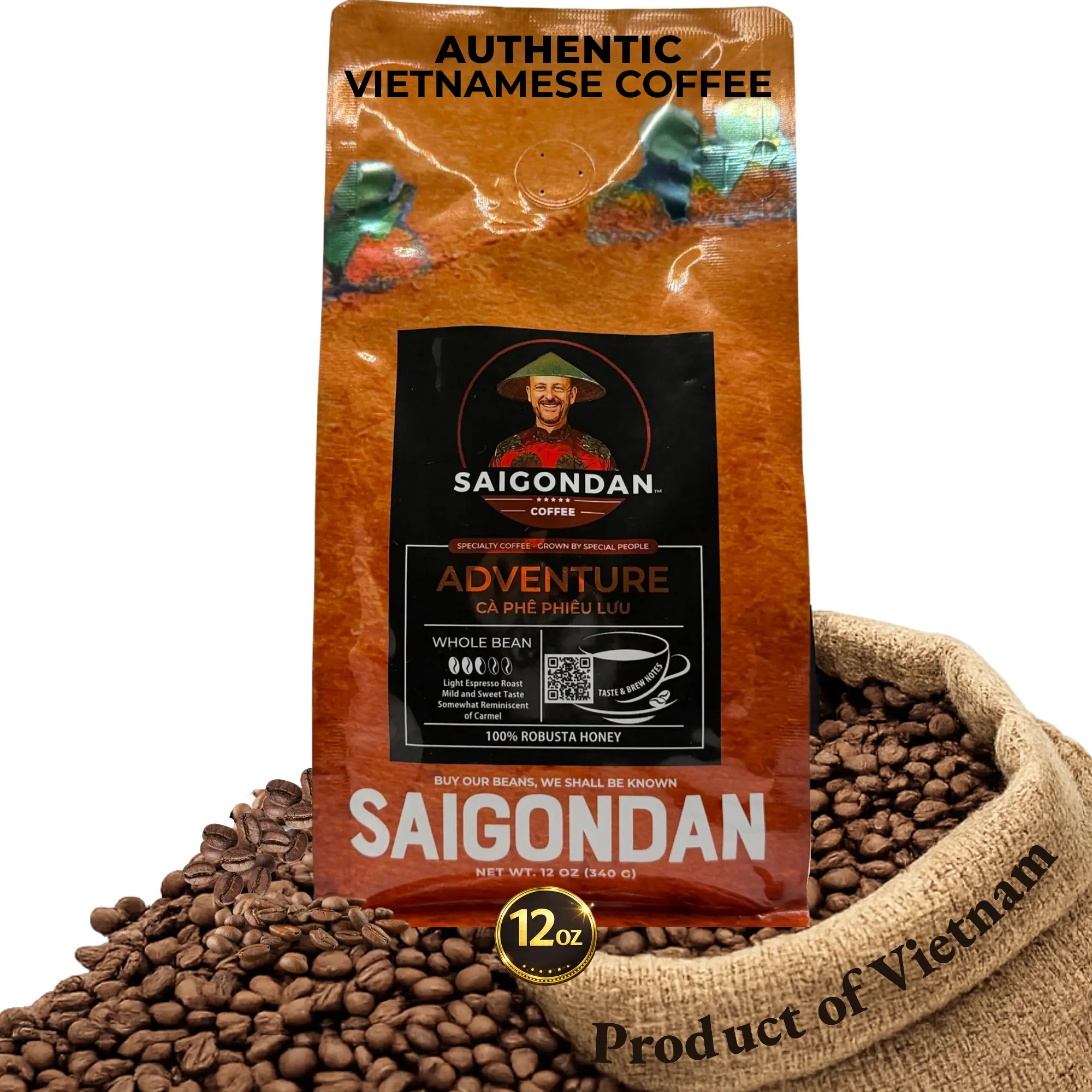 Adventure Whole Bean Coffee | Light Espresso Roast | 100% Robusta | Vietnamese Single Origin | Smooth & Naturally Sweet | 12 Oz