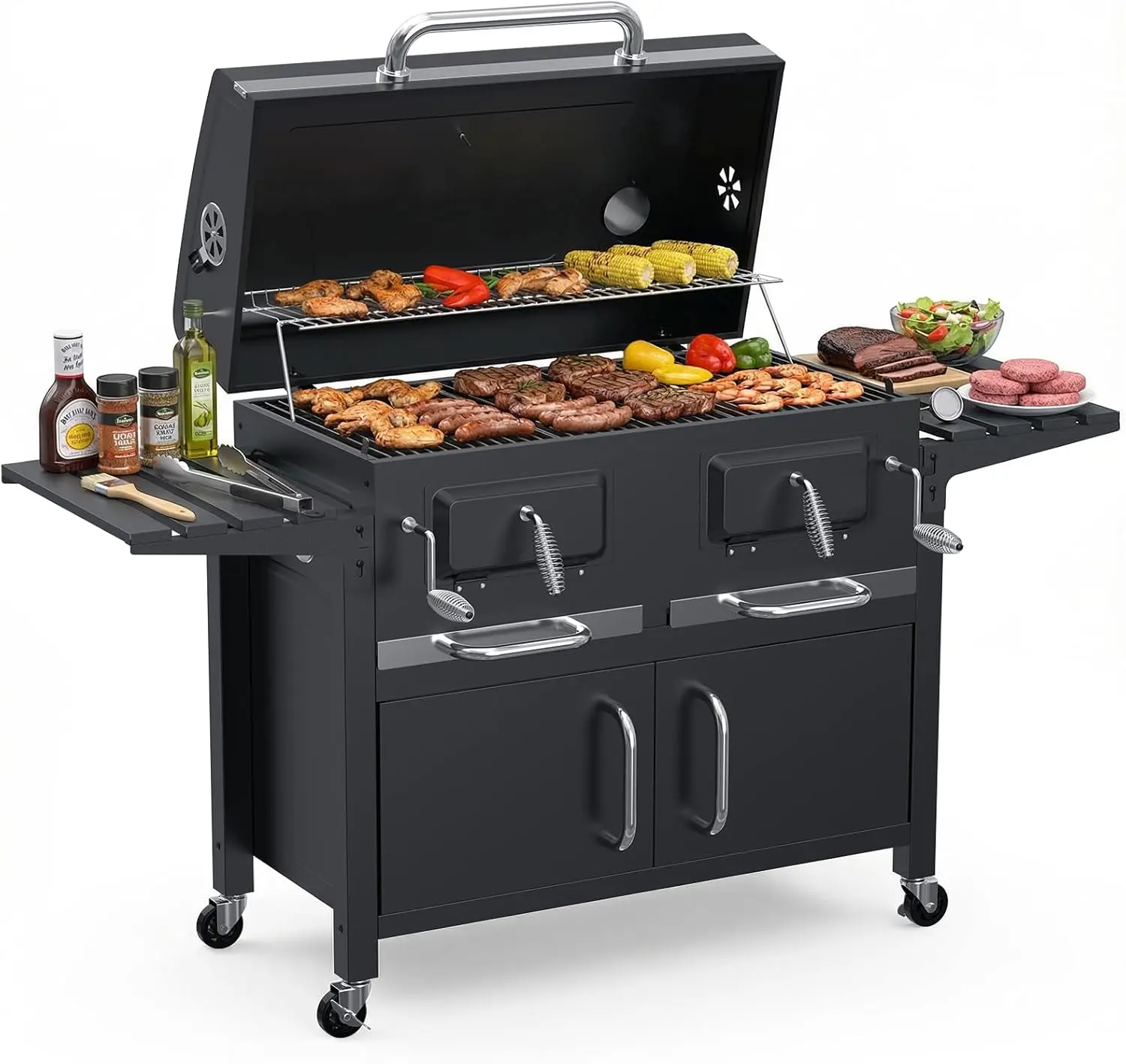63“ Charcoal  Grill, Cabinet Style Outdoor Grill for Family Large Group Backyard Patio Garden Party Cooking, 2 Independent Lifting Charcoal Trays, Foldable Side Tables, 4 Rolling Wheels, Asadores de Carbon