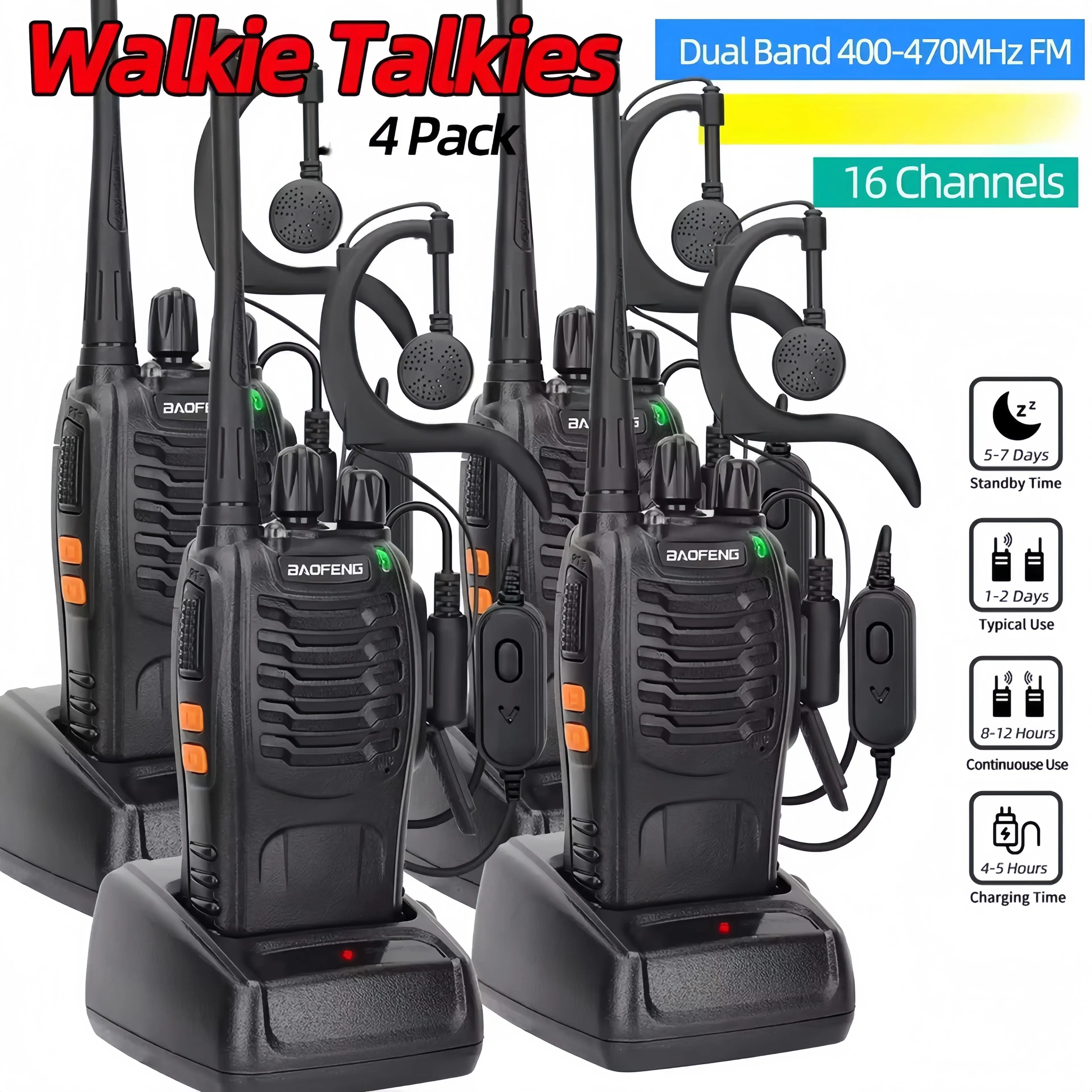 Baofeng BF-888S Whip Antenna Walkie Talkies (2-6Pcs) - UHF Band 400-470MHz Long Range 2-Way Ham Radios Transceiver with 16 Preset, Rechargeable Audio Headset, Plug-In Sound, Durable Noise Remote, Charging Function, Box Pack for Hunting, Hotel Use, Birthda