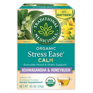 Traditional Medicinals Organic Stress Ease Calm Tea – Ashwagandha & Honeybush, Caffeine Free, 16 Tea Bags