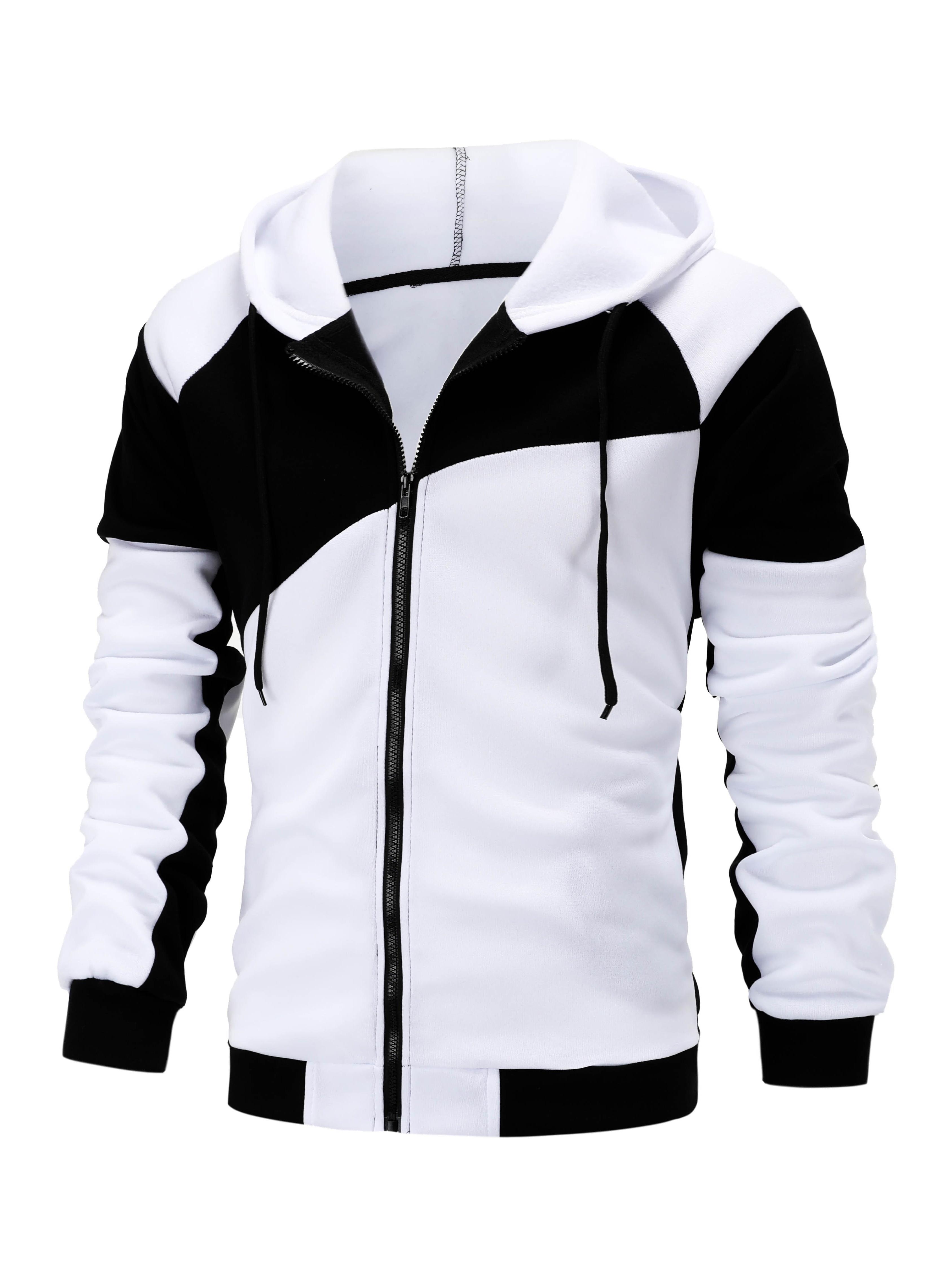 Fashionable Men's Color Block Hooded Sports Set – Zippered 2-Piece Casual Sportswear, Suitable for Everyday Wear