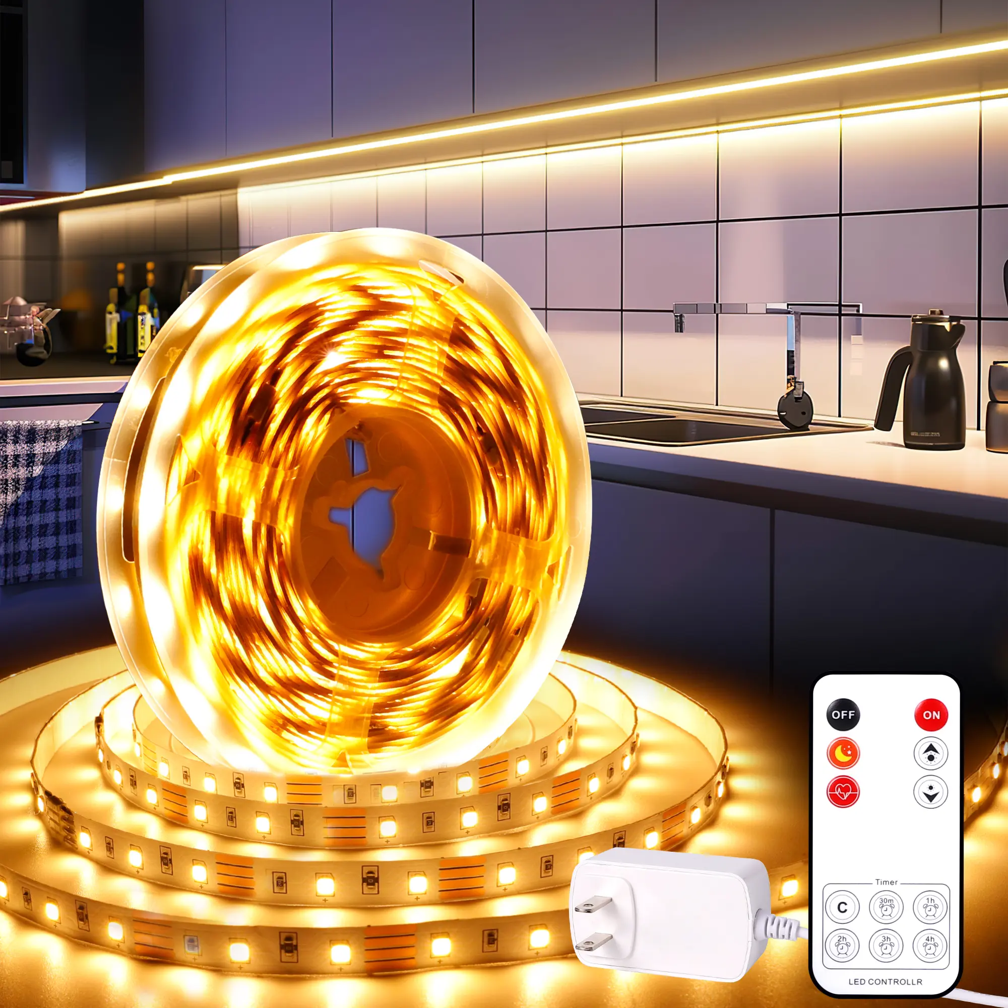 10 PCS Under Cabinet Lights Kit, Stick on Lights, Flexible Led Strip Lights with Remote and Power Adapter, for Kitchen Cabinets Shelf Desk Counter Corner, 2700K Warm White, 16.4ft