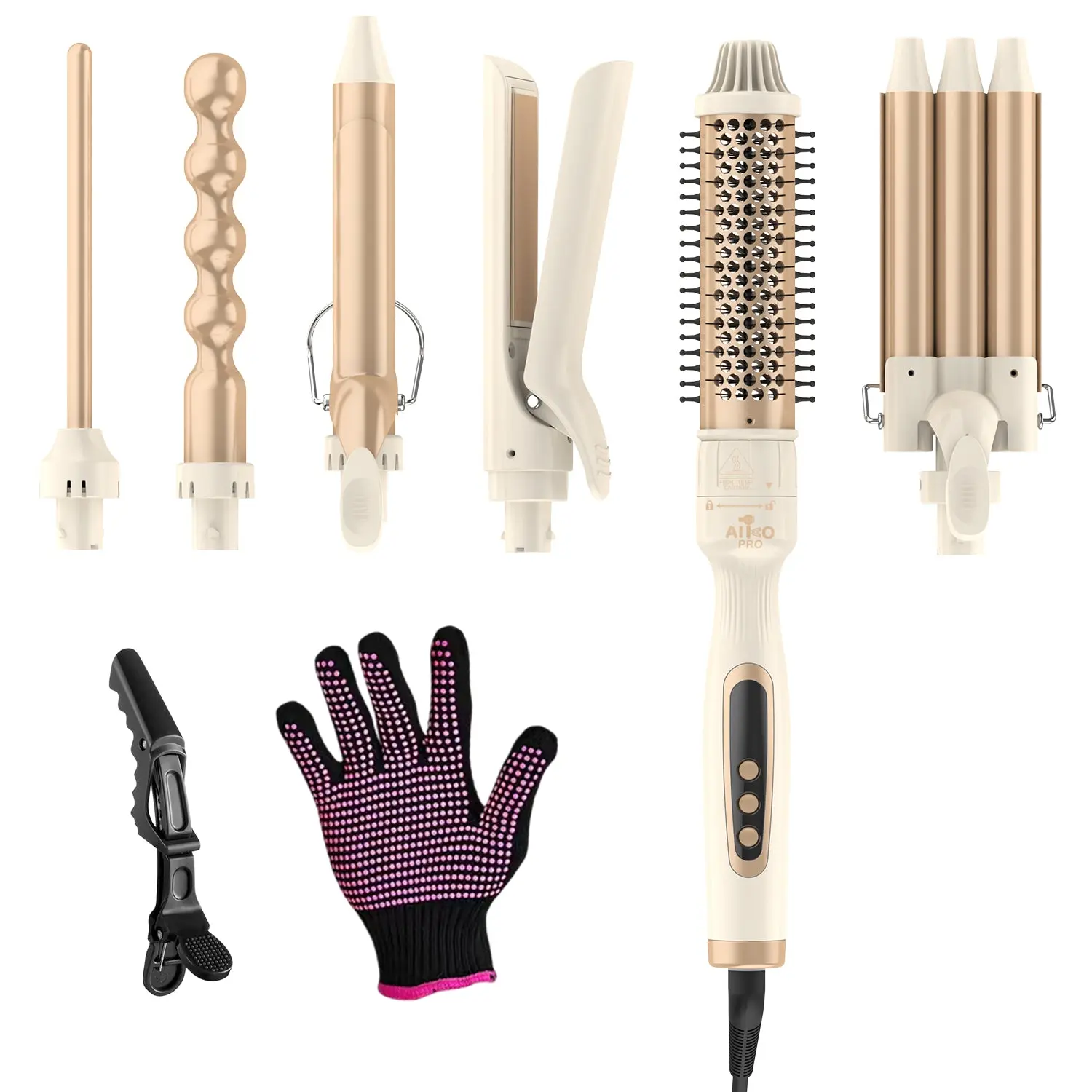 AIKO PRO 6 in 1 Curling Iron Set with Thermal Brush, Hair Straightener, 3 Barrel Hair Crimper, 3 Ceramic Curling Wands (0.35"-1.25"), Fast Heat Up, Dual Voltage with a Glove, Gifts for Women