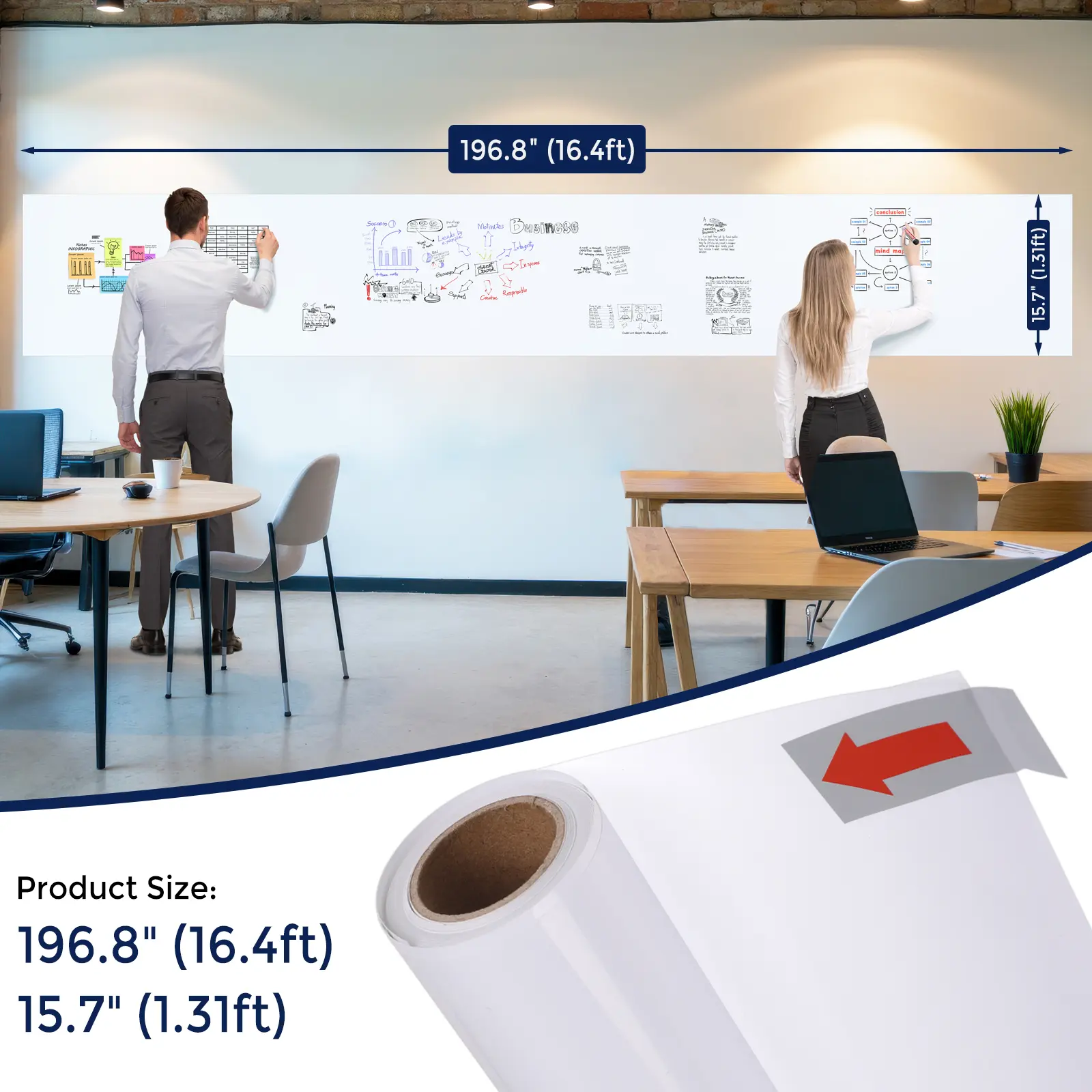 MaxGear Dry Erase Whiteboard Sticker Roll Set, 197in x 15.7in Peel-and-Stick Removable Wallpaper for Wall, Glass, Wood - No Ghosting, Includes 1 Dry Erase Marker & Labels, Ideal for Office Presentations, Whiteboard Set, Dry Erase Markers