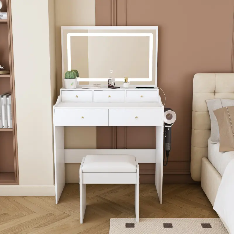 Modern White MDF Rectangular Mirrored Top Makeup Vanity Desk with Lights - 31.5"x15.75"x53.15" Sturdy Bedroom Decor, 3-Color Adjustable LED Light Bar, 30.3" Extra-Large Fullface Mirror, Power Outlet, Hair Dryer Holder, 5 Drawers, Assembly Required