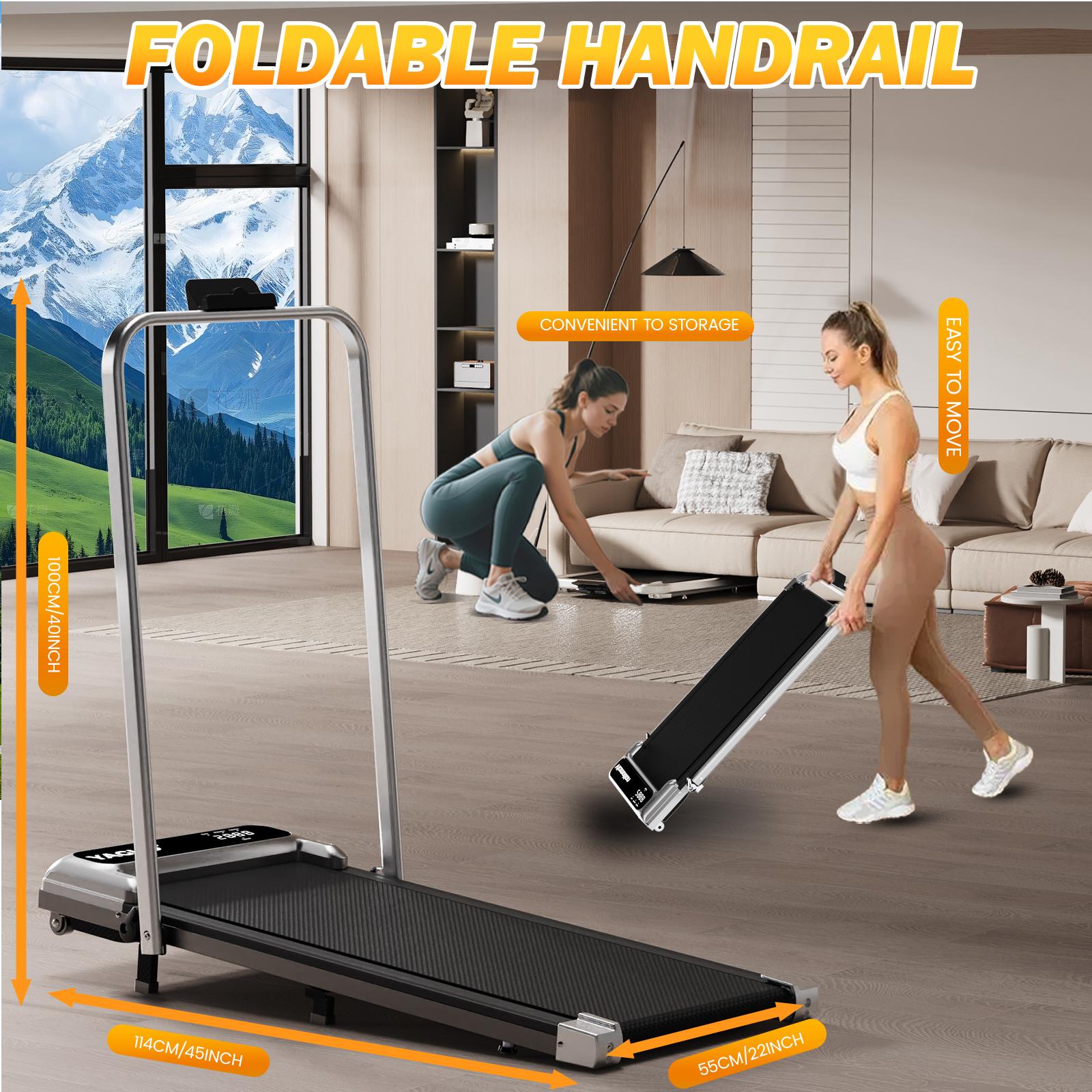 【YAGUD】 Walking Pad with Handrail – Remote Control & LED Display, 265LBS Weight Capacity, Dual Shock Absorption, Wide Belt, Compact Design for Easy Indoor Workouts