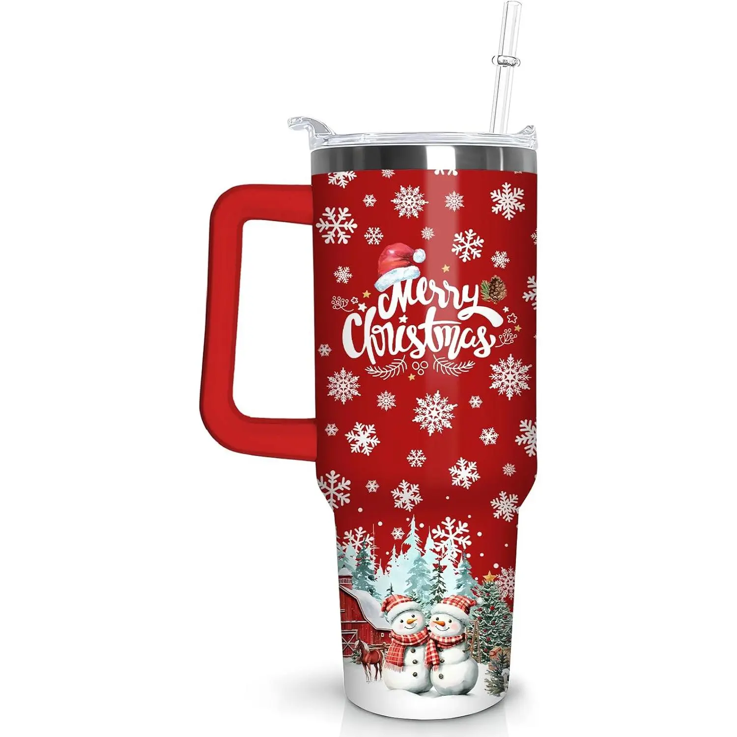 40 oz Stainless Steel Insulated Thermal Flask - Farmhouse Red Christmas Cartoon Snowman Tumbler with Handle, Straw, Lid, Portable Reusable Coffee Flask, Christmas Gift for Women (Kitchenware Drinkware with Insulation)