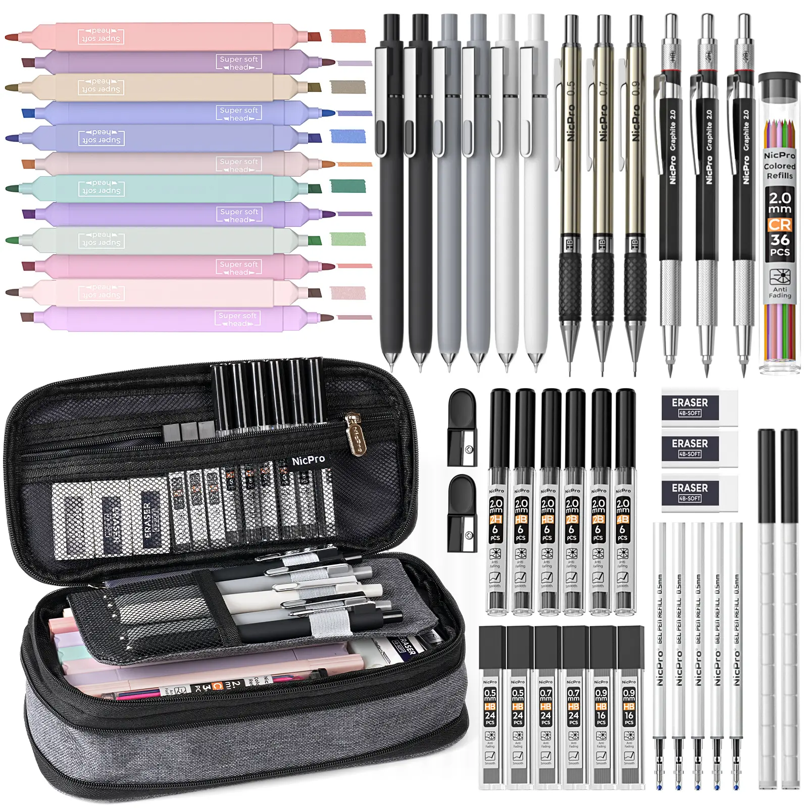 Nicpro 50 PCS Office Stationery Set with Pencil Case - Classroom, School & College Supplies, 6 Gel Pens & Refills, 12 Highlighters, 6 Art Mechanical Pencils, 12 Tube Lead Refills for Students & Office Use, Classroom Supplies, Learning Tool, Drawing Suppli