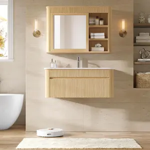 ModernMate 30" Wall-Mounted Bathroom Vanity Set with Mirror Cabinet, Waterproof Solid Wood Legs, Arc-Shaped Integrated Ceramic Sink, Pre-Assembled, Soft-Close Drawer Slides, Natural Oak