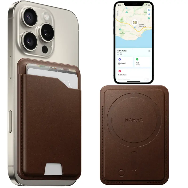 NOMAD Magnetic Card Holder Wallet - MagSafe Leather Card Wallet for iPhone, Built-in Tracking, Batteries Built-in, Find My Compatible, Brown