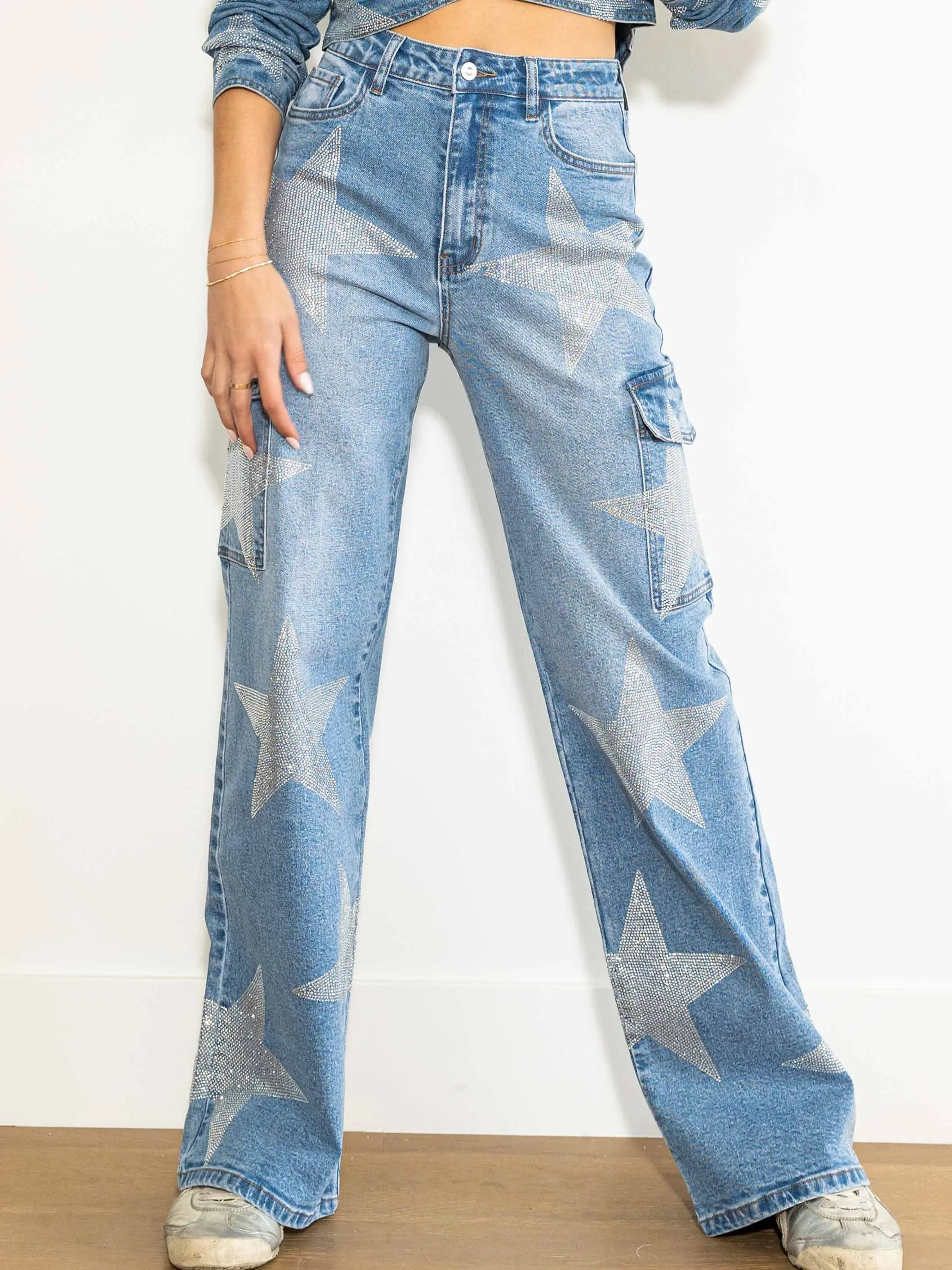 Stars Rhinestone Studded Cargo Jeans