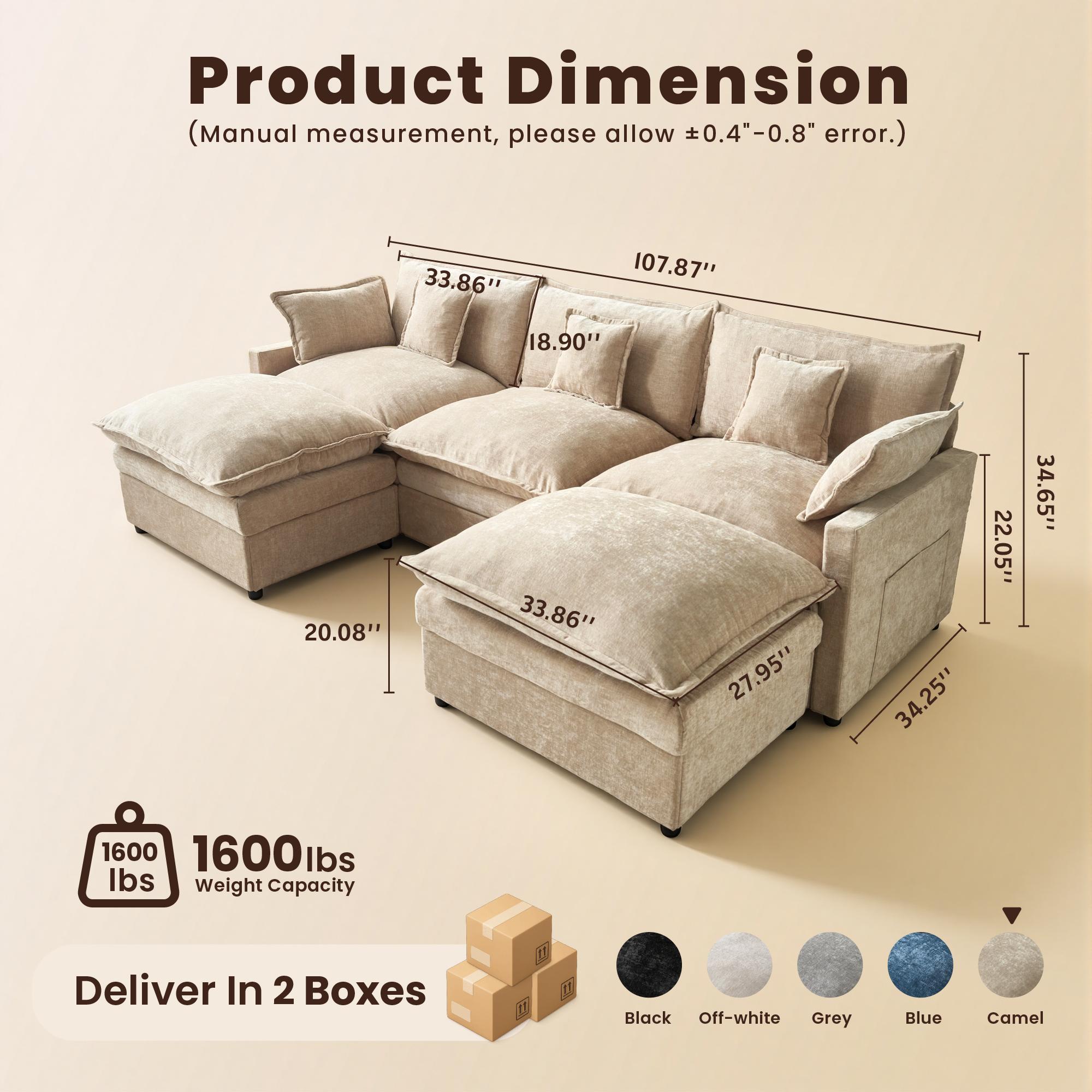 【2/3 Packages Shipping】Ovios 143" U-Shaped Modular Sectional Sofa with 2 Ottomans, Comfy Chenille Cloud Couch, Deep Seat Sofa Bed with 5 Pillows for Living Room, Bedroom & Apartment