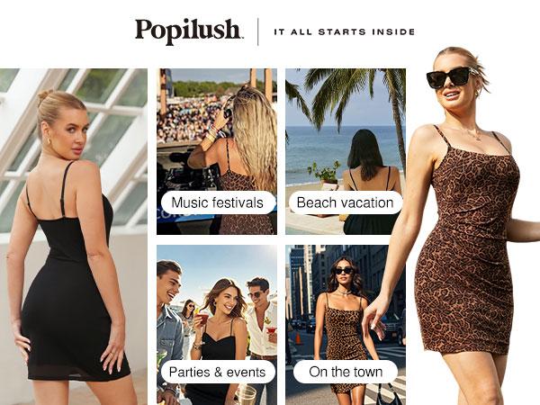 Popilush Fashion Casual Dresses for Women Ruched Bodycon Mini Dress with Smooth Fabric Patented Built-in Shapewear Party Club Night Out Outfits Womenswear Overall
