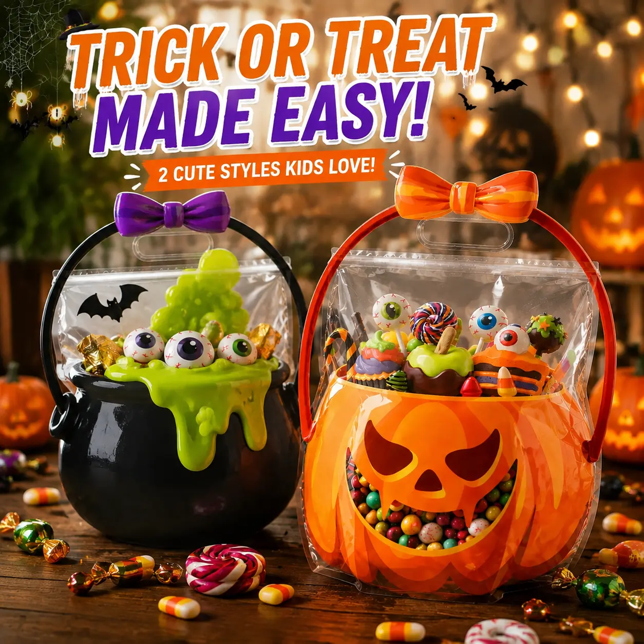 Halloween Candy Bucket, Cute Pumpkin & Witch Cauldron Trick or Treat Bag, Clear Candy Holder with Bow Design, Large Capacity Durable Reusable Halloween Basket for Party, Costume & Candy Collection