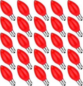 C7 Red/White LED Replacement Bulbs, Pack of 25, E12 Candelabra Base, 0.6W, Energy-Saving Night Bulbs for Outdoor Christmas String Lights