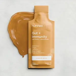 HUNNEE Gut + Immunity | Glutamine Ginger Turmeric Black Pepper Prebiotic/Probiotic Dietary Supplement | Ginger Spice Flavor | Gluten-Free, Nut-Free, Non-GMO, Plant-Based | 21g (14 Sachets)
