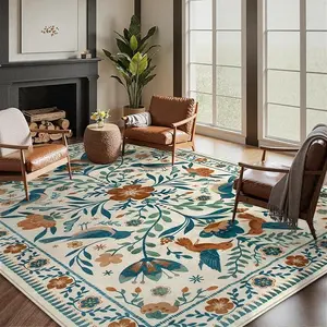 Bedroom Rug Washable Modern Bohemian Area Rugs for Living Room Dining Room, Farmhouse Floral Bird Print Pattern Carpet, Retro Home Decor Open Floor Areas Non-Slip Protection