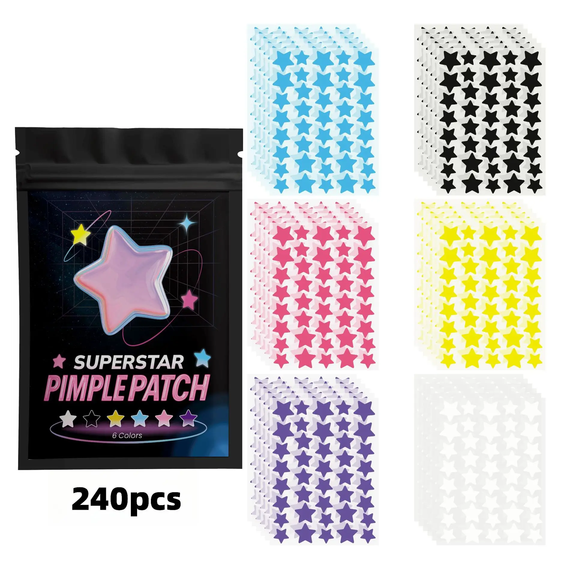 Gentle Peel & Repair Hydrocolloid Pimple Patches for Face - Cute Star Zit Covers, Colorful Spot Stickers with Tea Tree, Salicylic Acid & Cica Oil, 240 Count for Sensitive Skin Repair, Fragrance Free, None