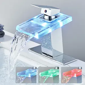 LED Bathroom Sink Faucet Chrome Waterfall Vanity Faucets for Sink 1 or 3 Holes , Single Hnadle Lavatory Basin Mixer Taps with 6 inch Cover Plate