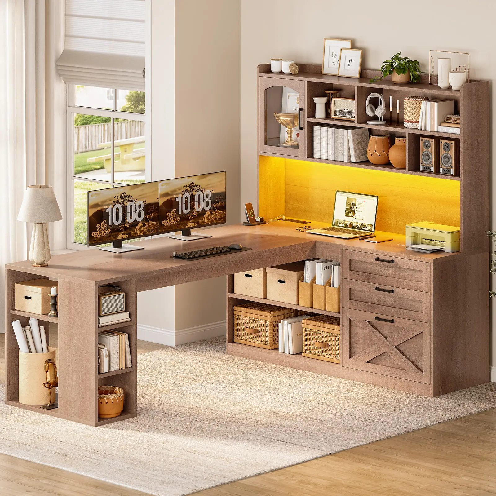 Sedeta 61-Inch Farmhouse L-Shaped Corner Desk - Engineered Wood Rustic Office Computer Gaming Desk with Display Cabinet, Drawers for Bedroom, Shelves, LED Light, Power Outlet, Corner Desks