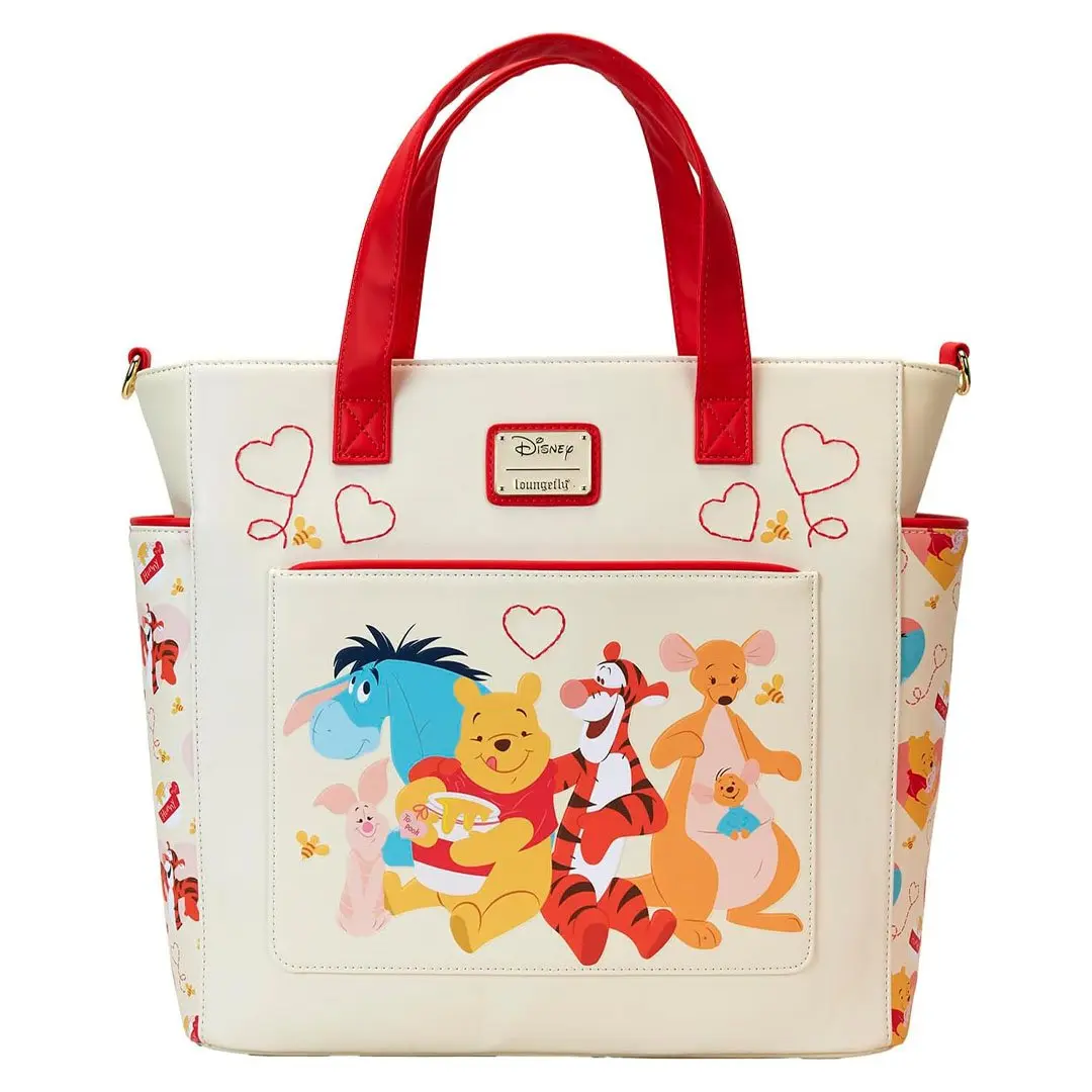 Loungefly Disney Winnie the Pooh Convertible Tote Bag, Hearts Graphic Faux Leather Daily Use Purse with Adjustable Strap, Basic, Zipper, Casual