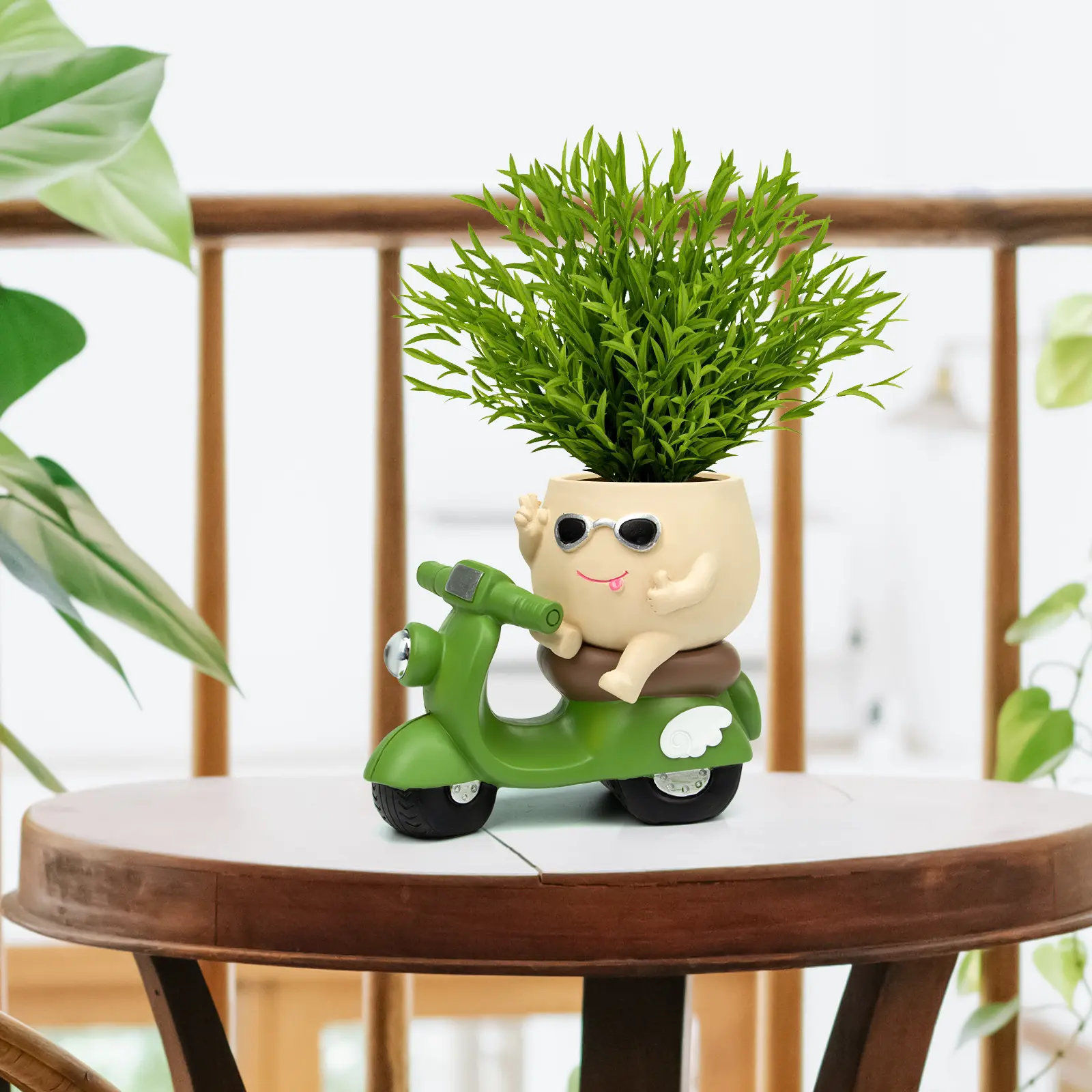 Summer Sale Cute motorcycle cartoon potted plant, fun image flowerpot with sunglasses, suitable for succulent plants, herbs, and small potted plants, creative indoor and outdoor decoration