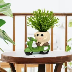 Cute motorcycle cartoon potted plant, fun image flowerpot with sunglasses, suitable for succulent plants, herbs, and small potted plants, creative indoor and outdoor decoration