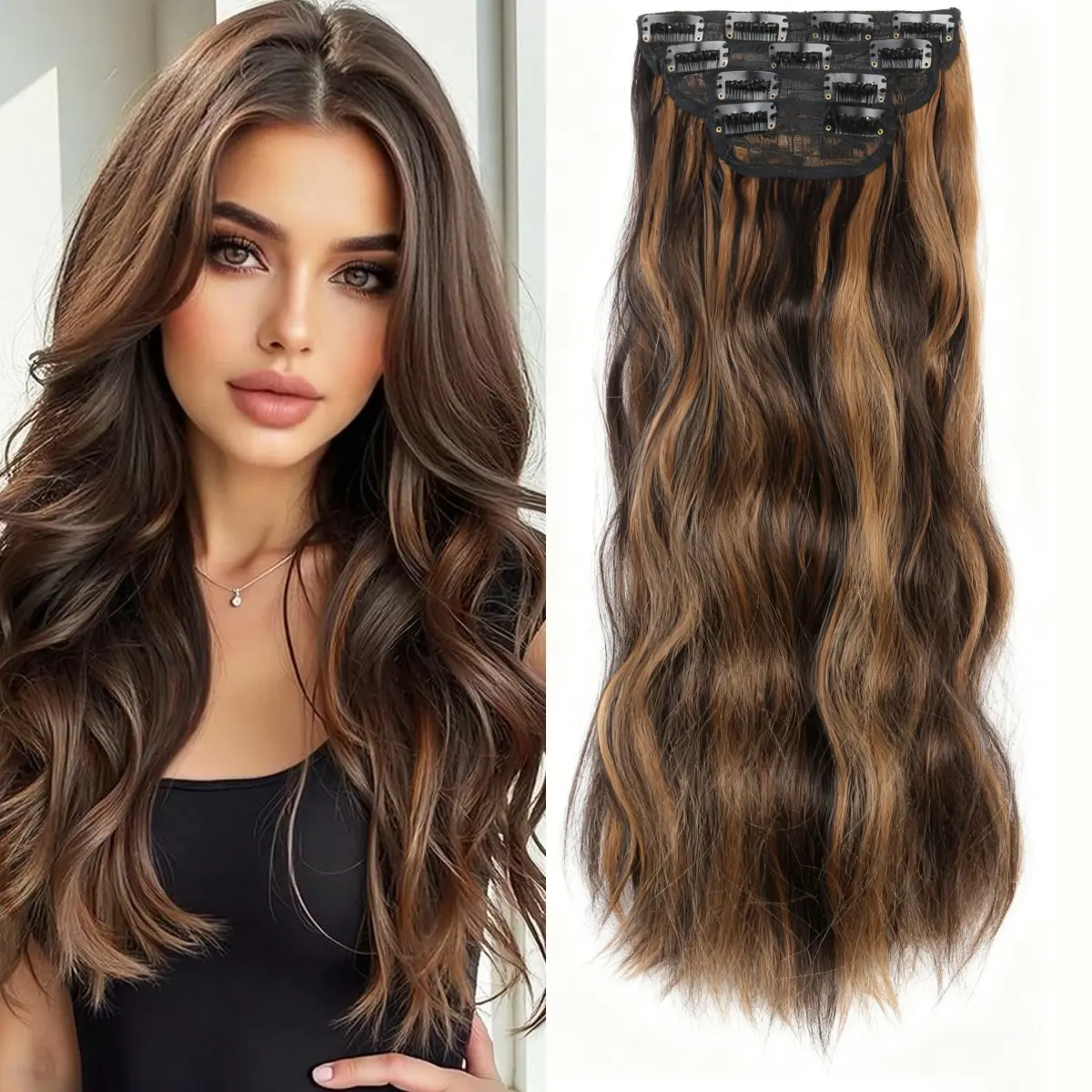 Clip in Hair Extensions Long Wavy 4PCS Thick Hairpieces Synthetic Chocolate Brown Mixed Ash Blonde Hair Extensions Double Weft Natural 20Inch for Women
