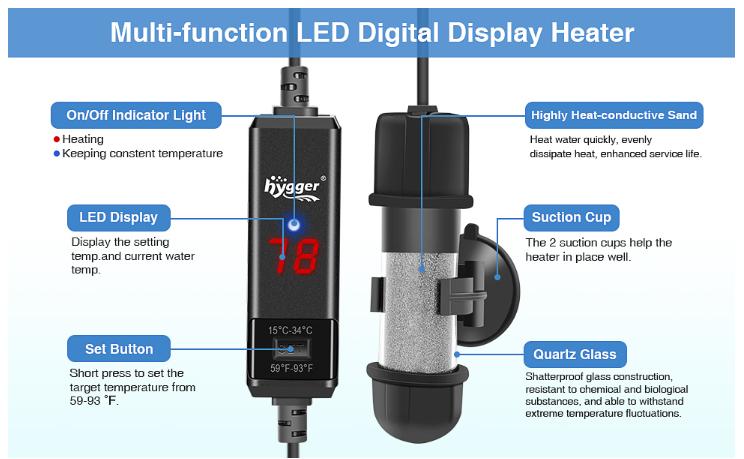 hygger Small Aquarium Betta Heater, Submersible Fish Tank Heater 10W/25W/50W/100W with LED Digital Display, Suitable for Marine Saltwater and Freshwater up to 5/10/16/26 Gallon