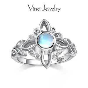 925 Synthetic Moonstone Ring with Celtic Knot and Witch Knot Design, Elegant Unisex Ring Spiritual Jewelry for Women&Men, Pagan Lover, Witches Jewelry Protection Gift for Daily Wear and Party, Valentine's Day Birthday Gift