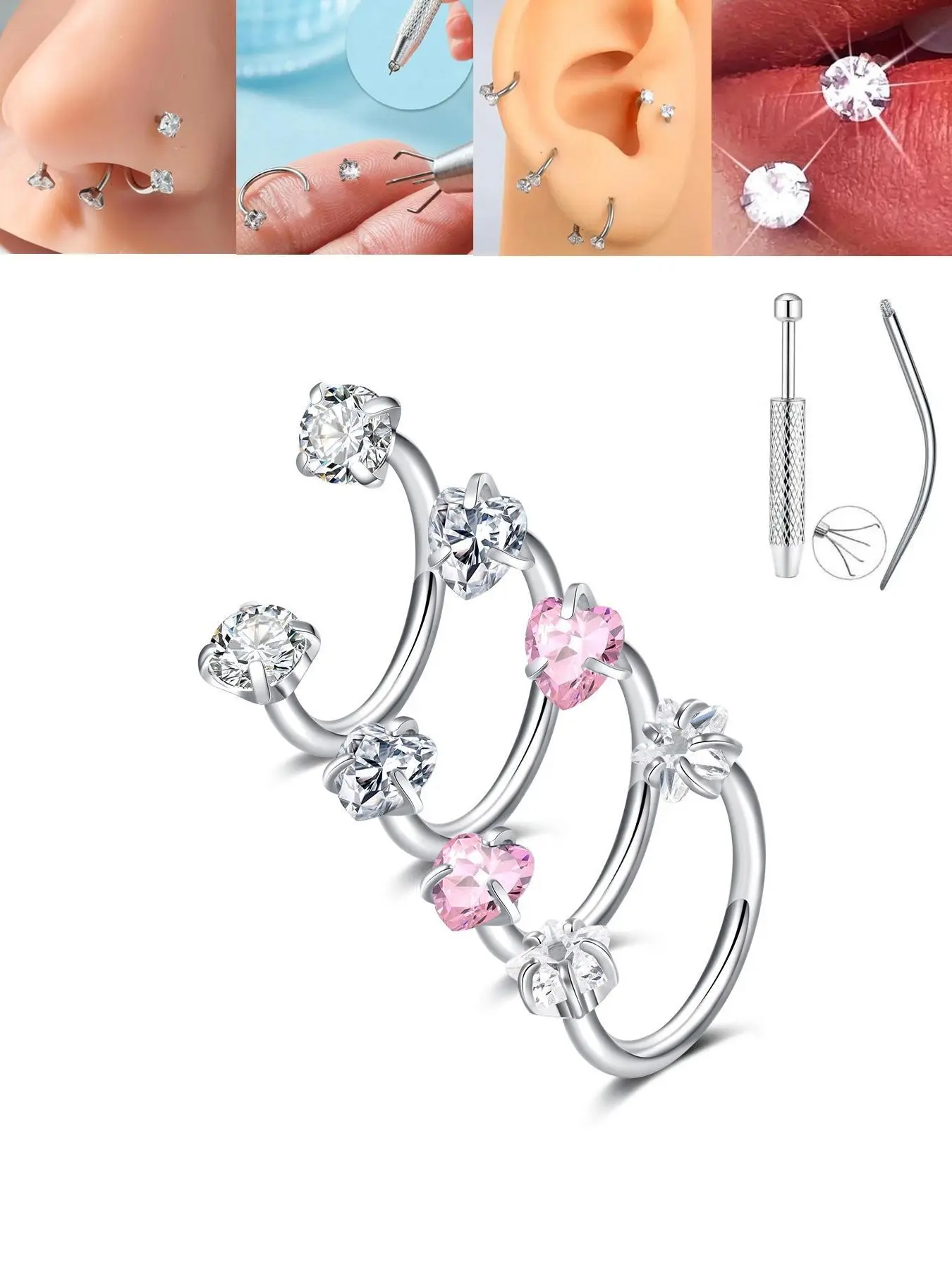Stainless Steel CZ Inlaid Nose Ring for Women, 18 g Heart-and-Star Design Cartilage and Lip Jewelry, Fashion Body Piercing Accessory Nose Rings Hoops