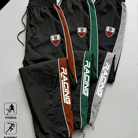 Men's 3-pack Athletic Casual Pants with Drawstring Waistband Comfortable Breathable Fabric Color-block Letter Print Loose Fit for Commuting & Outdoor Activities Menswear